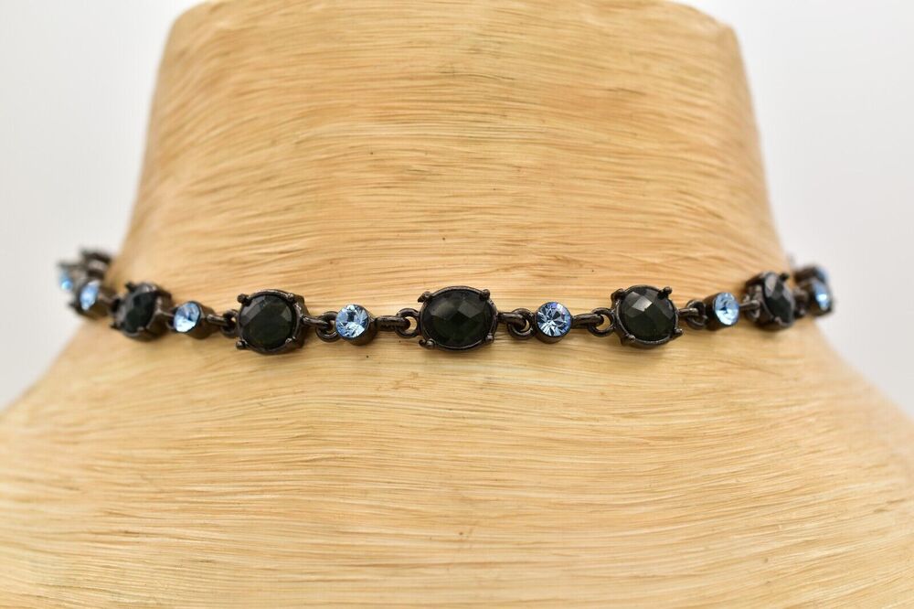 2028 Vintage Choker Necklace Black Sky Blue Crystal Gunmetal Signed Y2K BinI